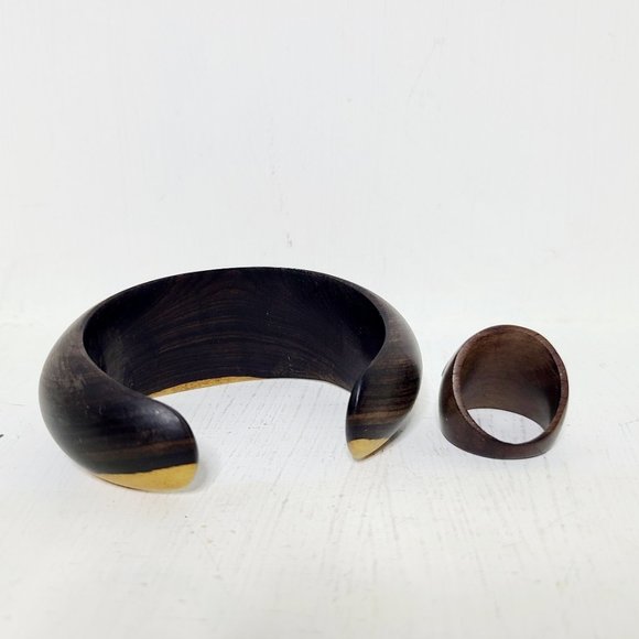 Vintage Two Tone Wood Bangle & Ring With Silver Swirl Cocktail Mod Chunky BOHO - Picture 2 of 3